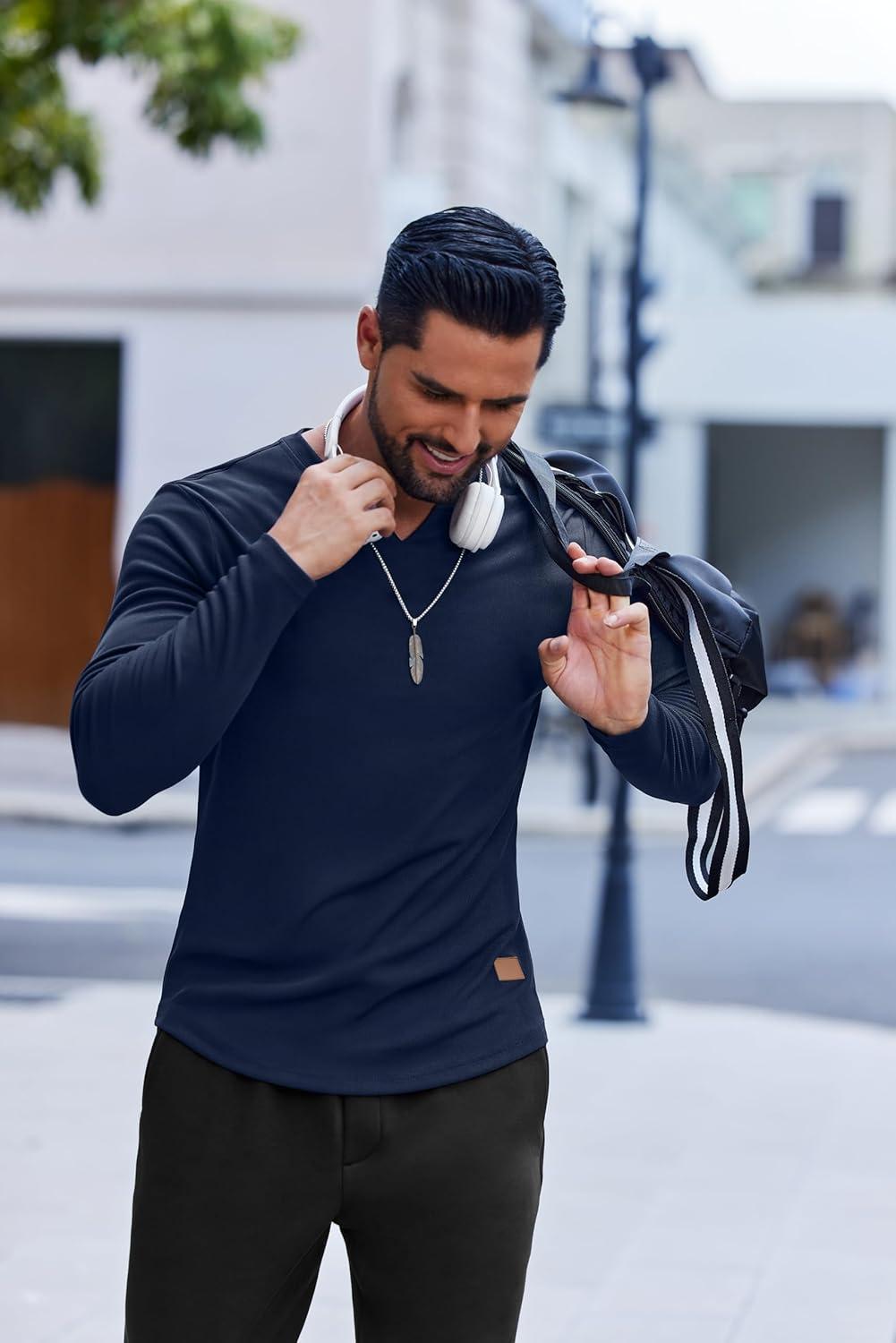 imageCOOFANDY Mens Long Sleeve Muscle T Shirts Casual VNeck Slim Fit Longline Ribbed Shirts Stretch Tee ShirtsNavy Blue