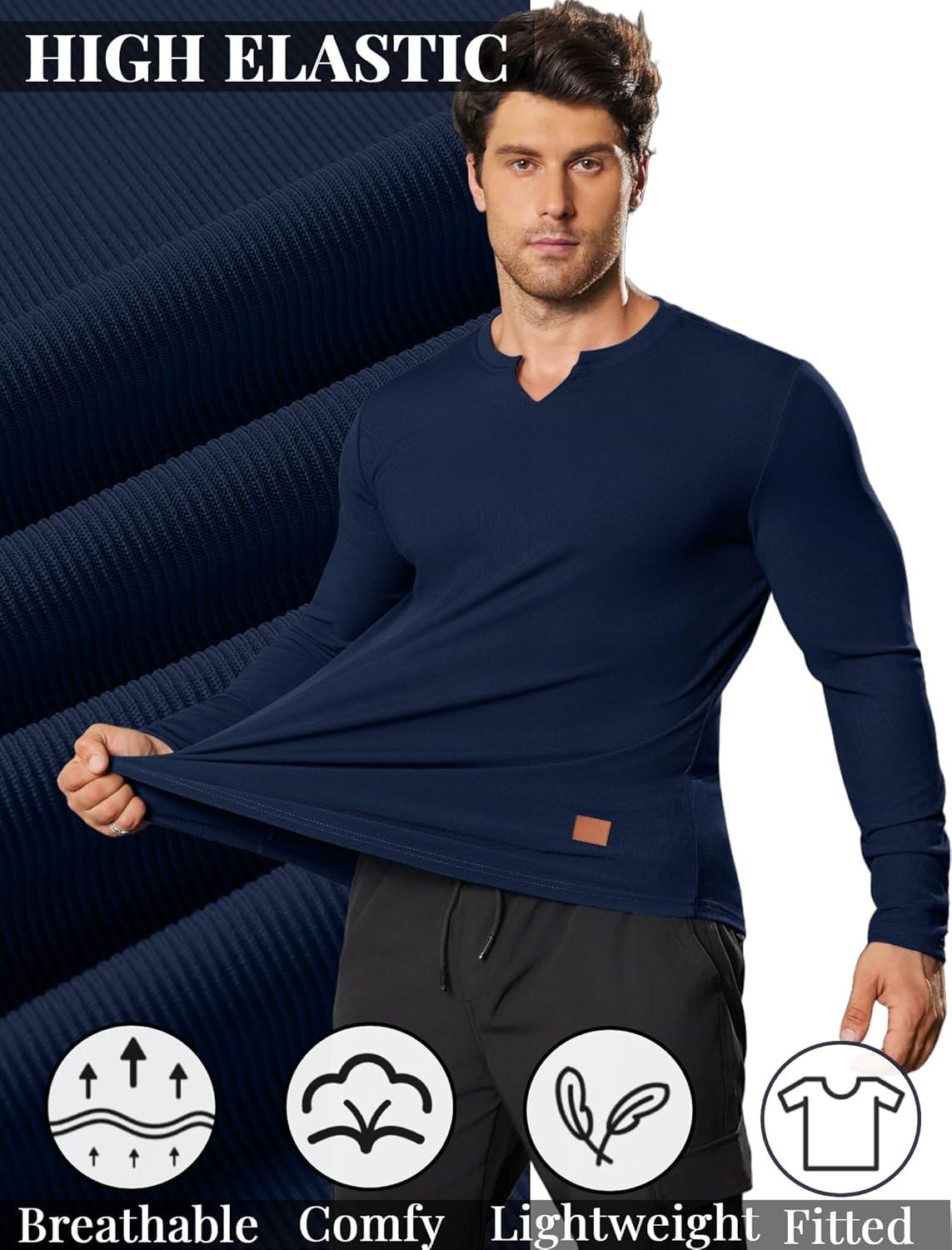 imageCOOFANDY Mens Long Sleeve Muscle T Shirts Casual VNeck Slim Fit Longline Ribbed Shirts Stretch Tee ShirtsNavy Blue