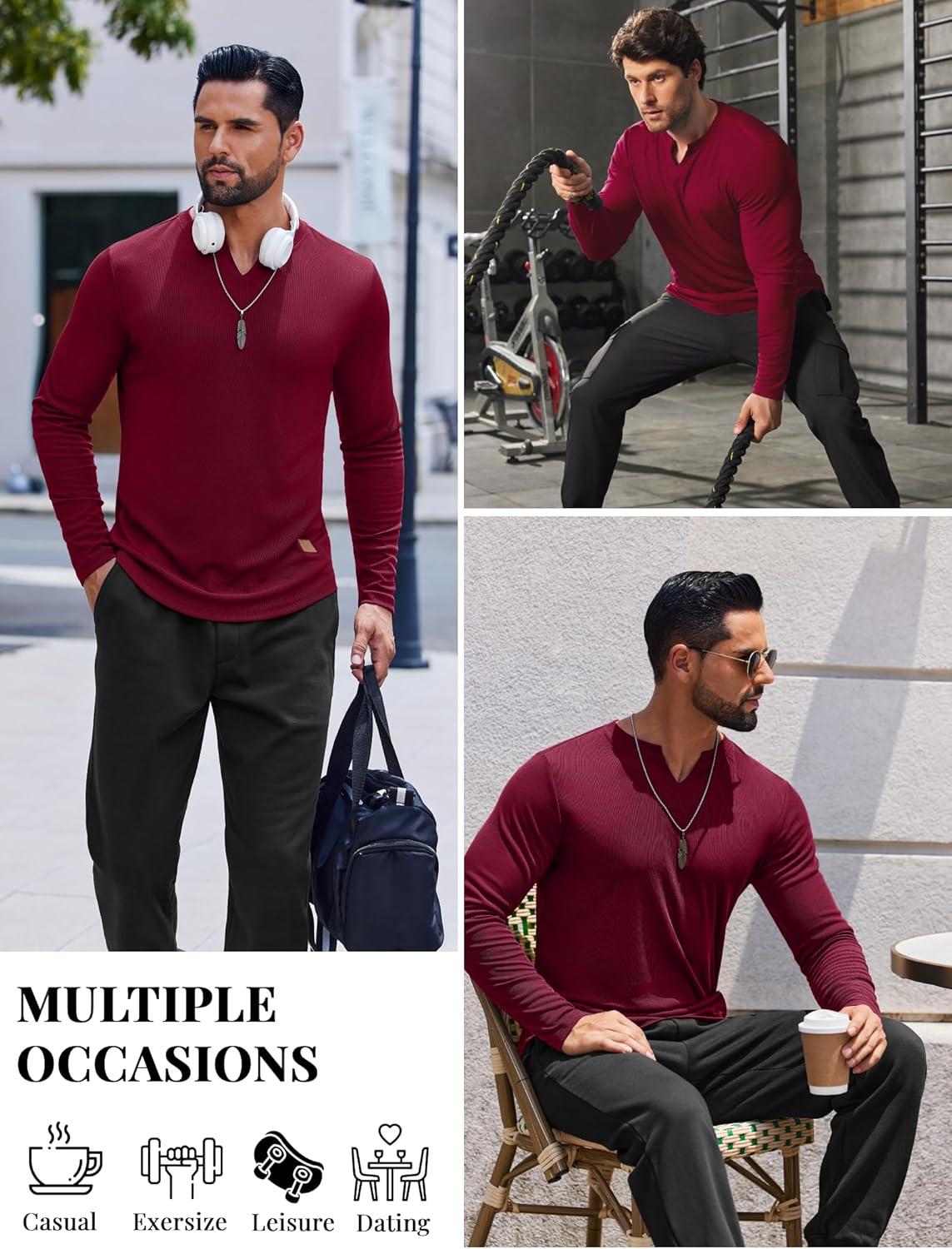 imageCOOFANDY Mens Long Sleeve Muscle T Shirts Casual VNeck Slim Fit Longline Ribbed Shirts Stretch Tee ShirtsWine Red
