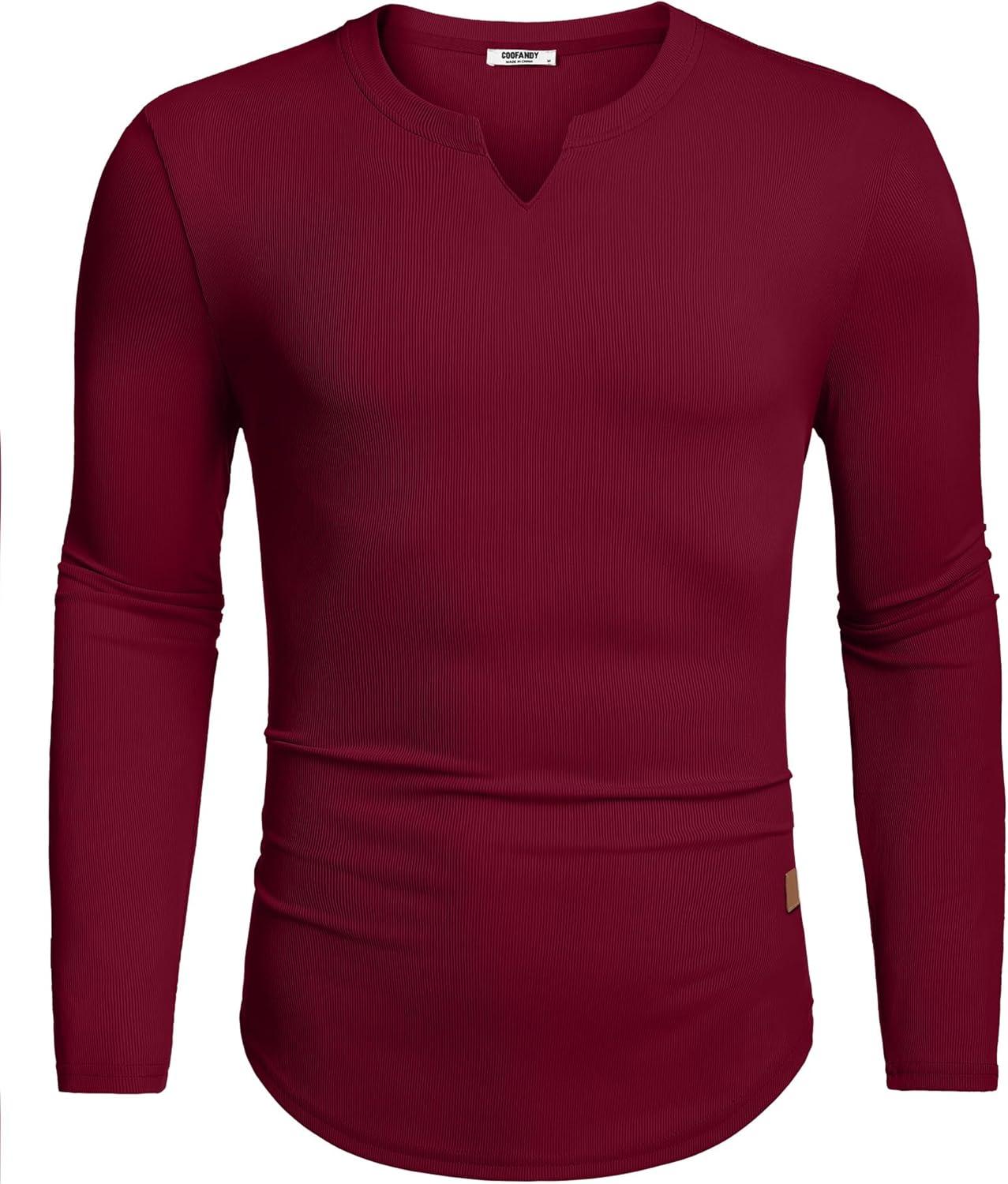 imageCOOFANDY Mens Long Sleeve Muscle T Shirts Casual VNeck Slim Fit Longline Ribbed Shirts Stretch Tee ShirtsWine Red