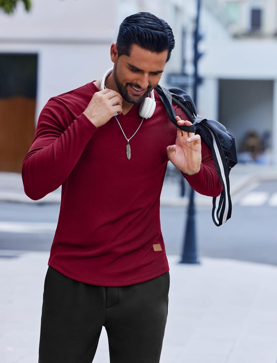 imageCOOFANDY Mens Long Sleeve Muscle T Shirts Casual VNeck Slim Fit Longline Ribbed Shirts Stretch Tee ShirtsWine Red