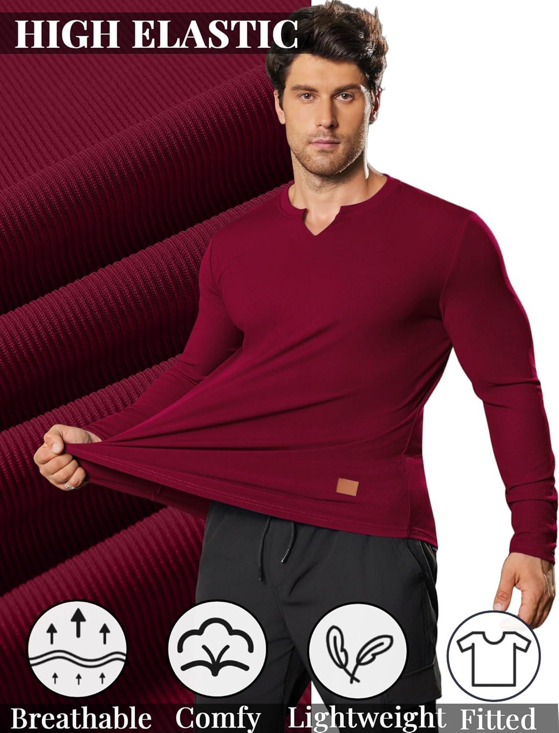 imageCOOFANDY Mens Long Sleeve Muscle T Shirts Casual VNeck Slim Fit Longline Ribbed Shirts Stretch Tee ShirtsWine Red