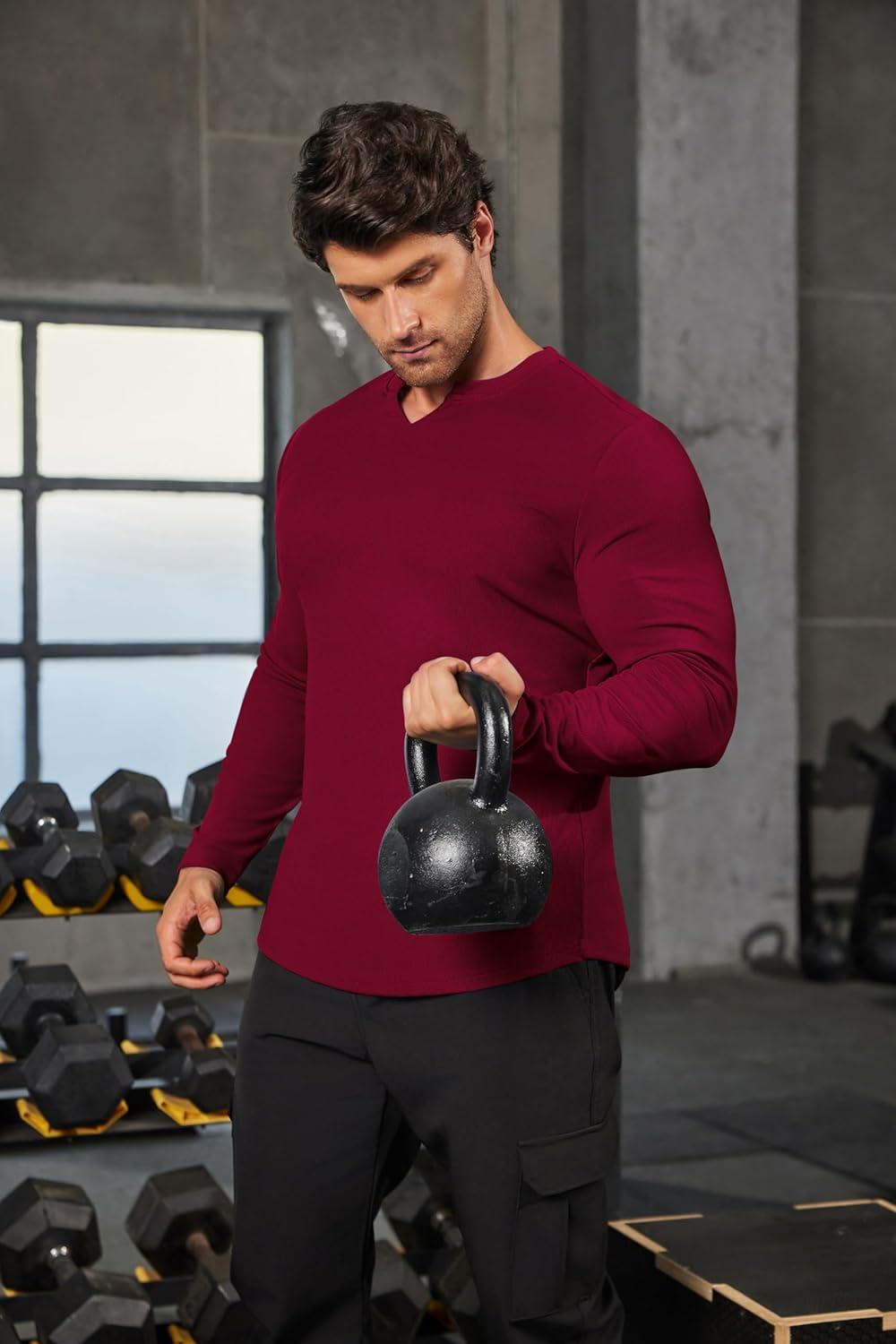 imageCOOFANDY Mens Long Sleeve Muscle T Shirts Casual VNeck Slim Fit Longline Ribbed Shirts Stretch Tee ShirtsWine Red