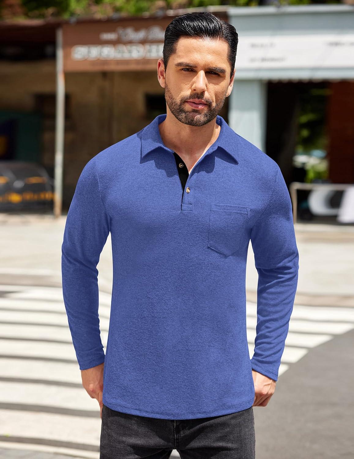 imageCOOFANDY Mens Long Sleeve Polo Shirt Casual Dress Button Polo T Shirt with Pocket Basic Lightweight Collared Golf ShirtBlue