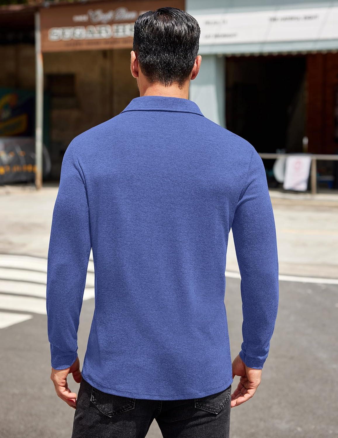 imageCOOFANDY Mens Long Sleeve Polo Shirt Casual Dress Button Polo T Shirt with Pocket Basic Lightweight Collared Golf ShirtBlue