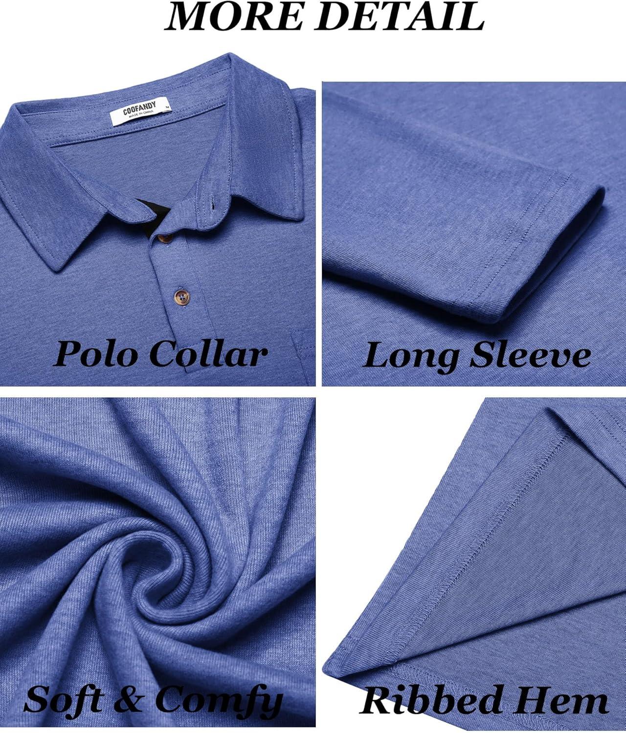 imageCOOFANDY Mens Long Sleeve Polo Shirt Casual Dress Button Polo T Shirt with Pocket Basic Lightweight Collared Golf ShirtBlue