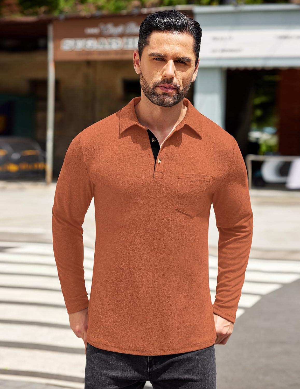 imageCOOFANDY Mens Long Sleeve Polo Shirt Casual Dress Button Polo T Shirt with Pocket Basic Lightweight Collared Golf ShirtCaramel