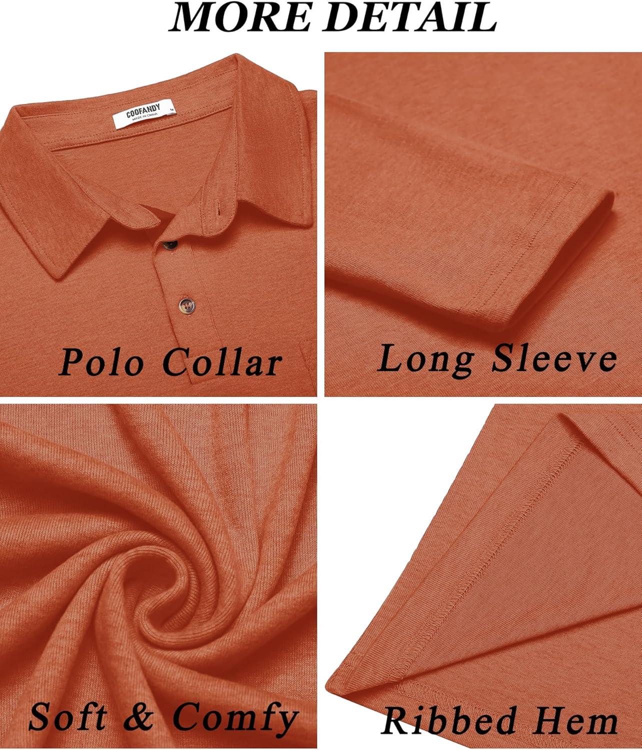 imageCOOFANDY Mens Long Sleeve Polo Shirt Casual Dress Button Polo T Shirt with Pocket Basic Lightweight Collared Golf ShirtCaramel