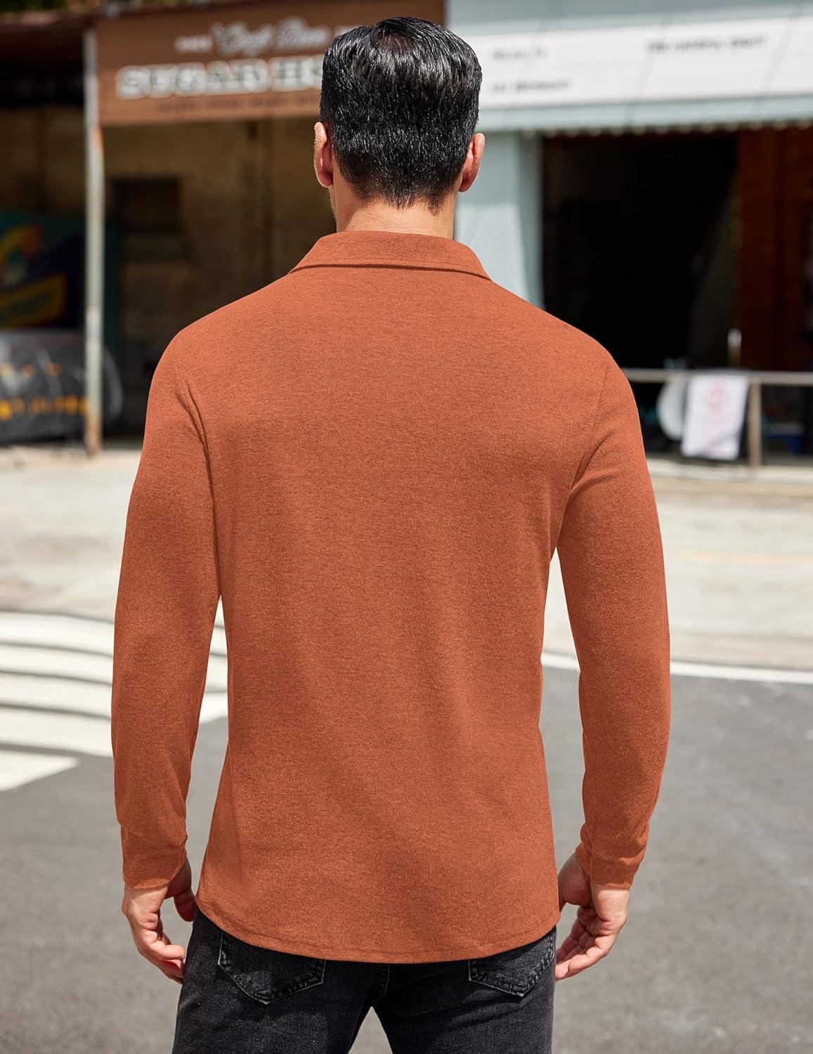 imageCOOFANDY Mens Long Sleeve Polo Shirt Casual Dress Button Polo T Shirt with Pocket Basic Lightweight Collared Golf ShirtCaramel