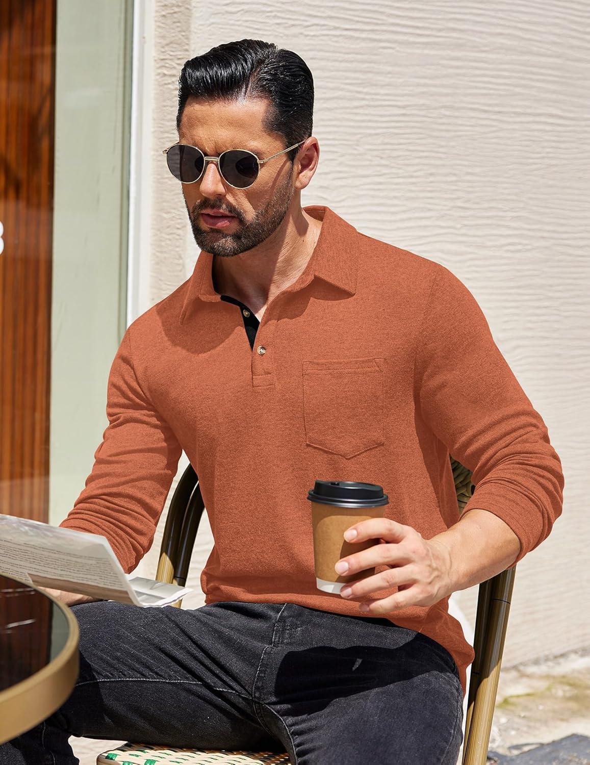 imageCOOFANDY Mens Long Sleeve Polo Shirt Casual Dress Button Polo T Shirt with Pocket Basic Lightweight Collared Golf ShirtCaramel