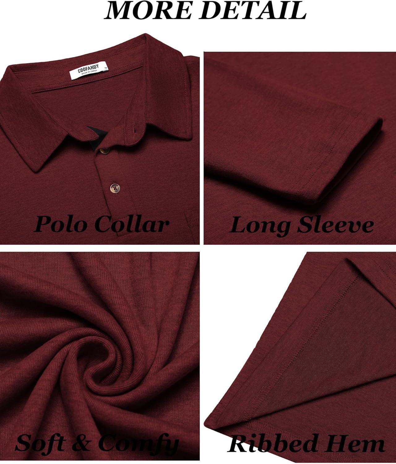 imageCOOFANDY Mens Long Sleeve Polo Shirt Casual Dress Button Polo T Shirt with Pocket Basic Lightweight Collared Golf ShirtRed