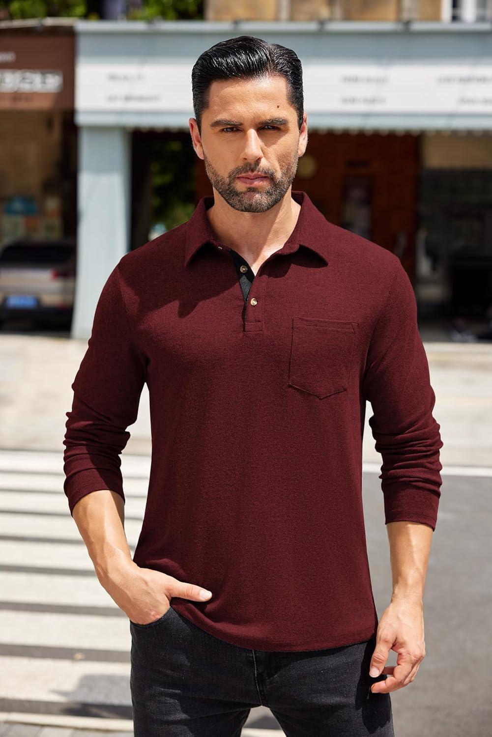 imageCOOFANDY Mens Long Sleeve Polo Shirt Casual Dress Button Polo T Shirt with Pocket Basic Lightweight Collared Golf ShirtRed