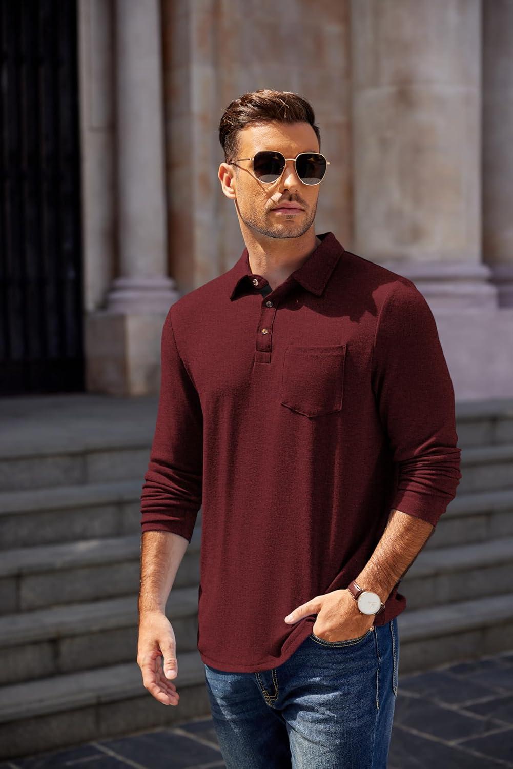 imageCOOFANDY Mens Long Sleeve Polo Shirt Casual Dress Button Polo T Shirt with Pocket Basic Lightweight Collared Golf ShirtRed