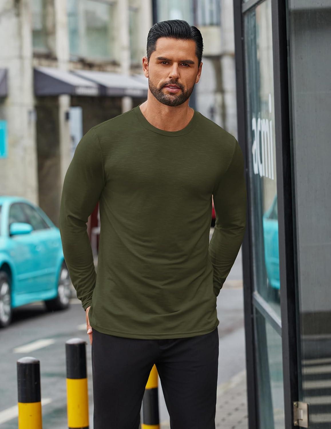 imageCOOFANDY Mens Long Sleeve T Shirts Casual Crew Neck Tee Shirts Lightweight Soft Pullover TopsArmy Green