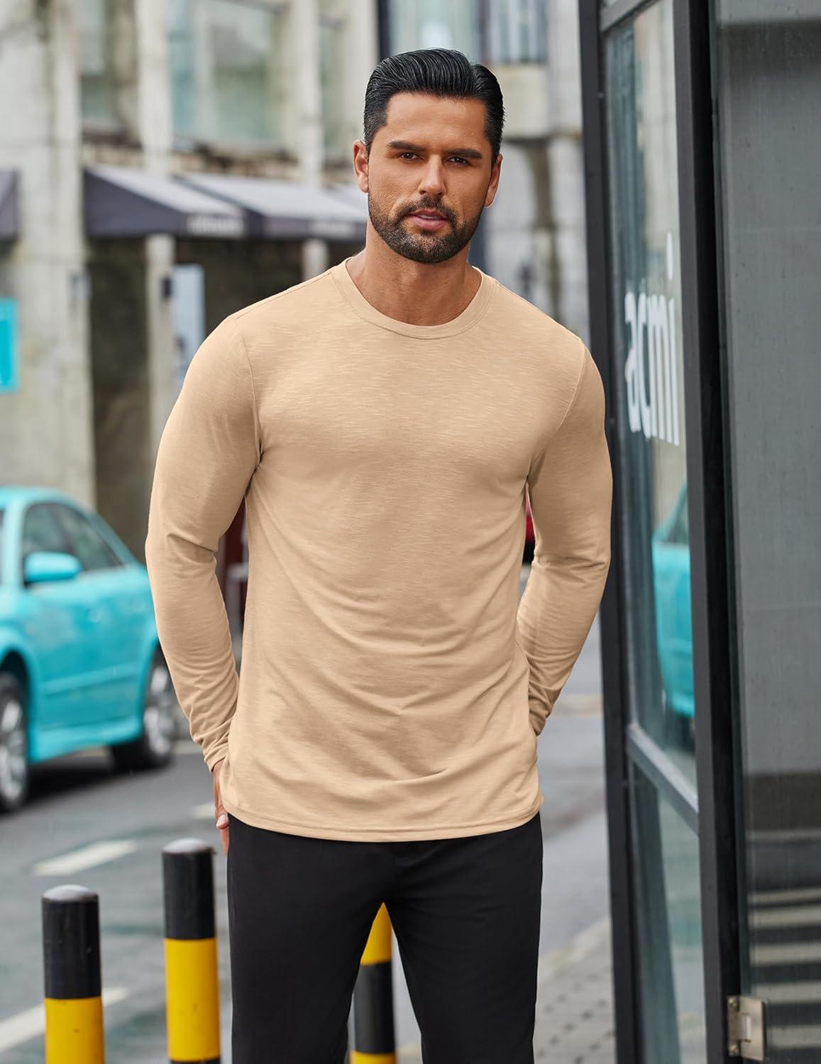 imageCOOFANDY Mens Long Sleeve T Shirts Casual Crew Neck Tee Shirts Lightweight Soft Pullover TopsKhaki