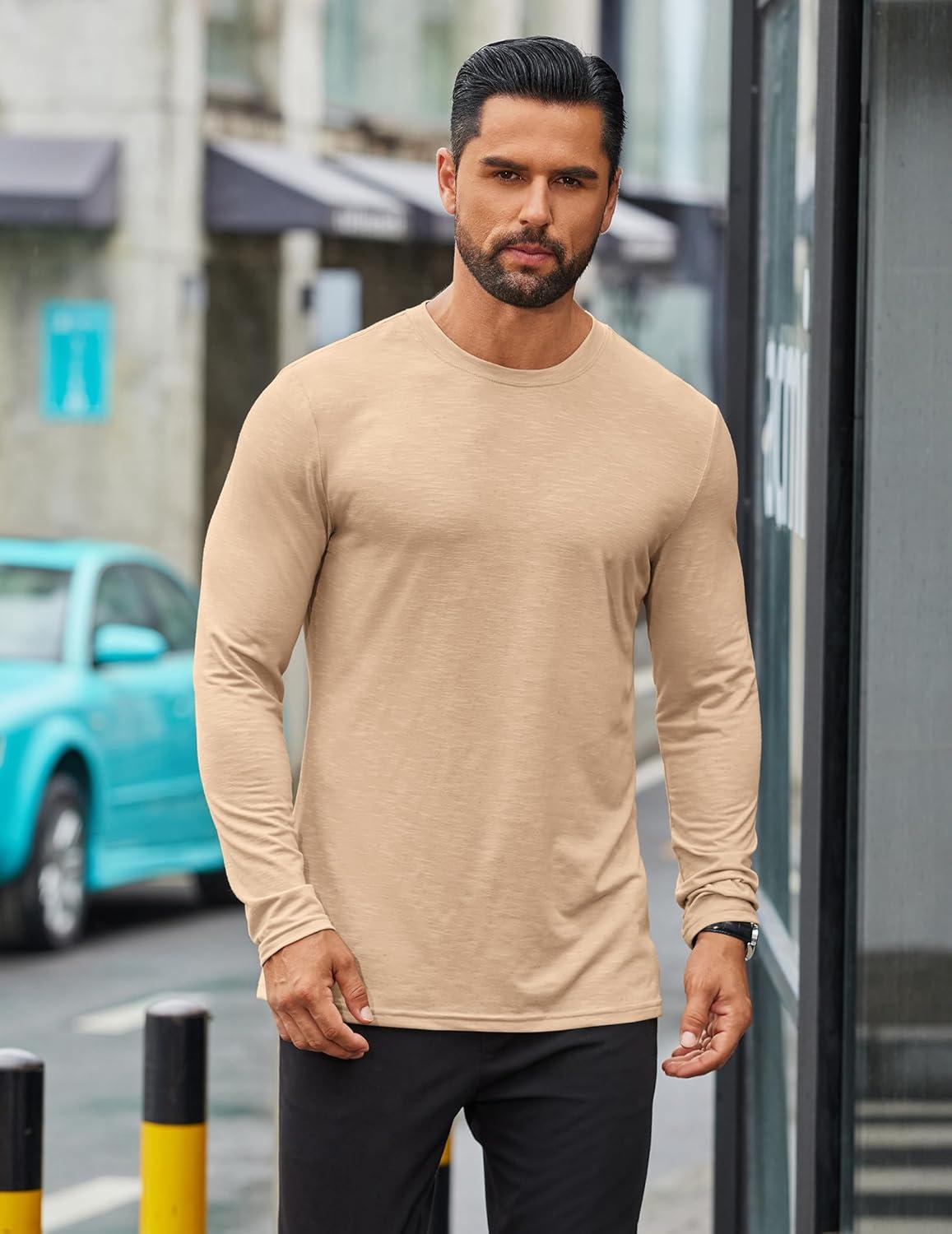 imageCOOFANDY Mens Long Sleeve T Shirts Casual Crew Neck Tee Shirts Lightweight Soft Pullover TopsKhaki