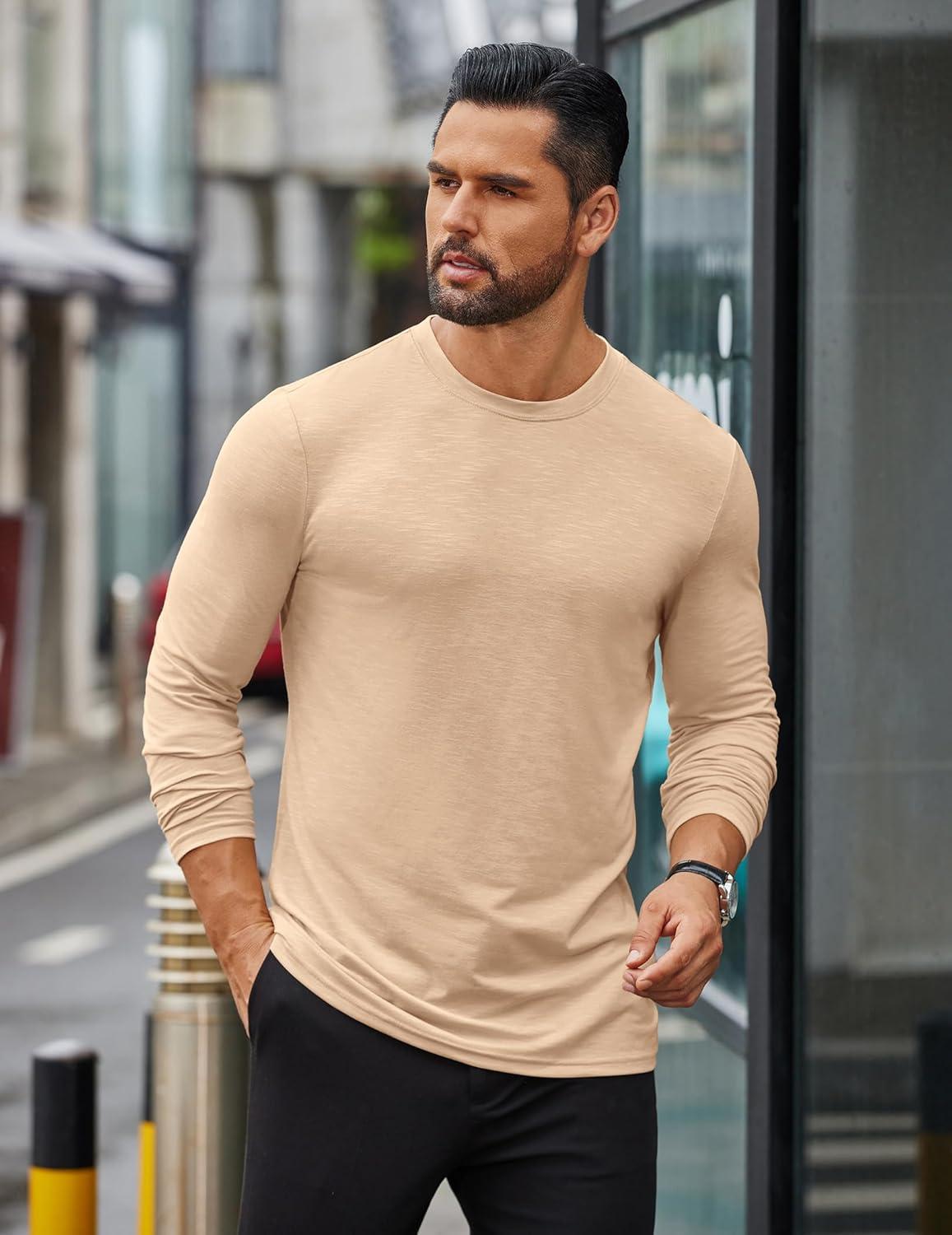 imageCOOFANDY Mens Long Sleeve T Shirts Casual Crew Neck Tee Shirts Lightweight Soft Pullover TopsKhaki