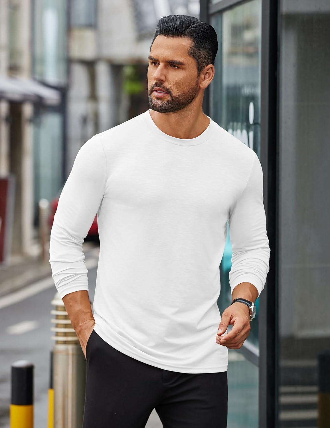 imageCOOFANDY Mens Long Sleeve T Shirts Casual Crew Neck Tee Shirts Lightweight Soft Pullover TopsWhite