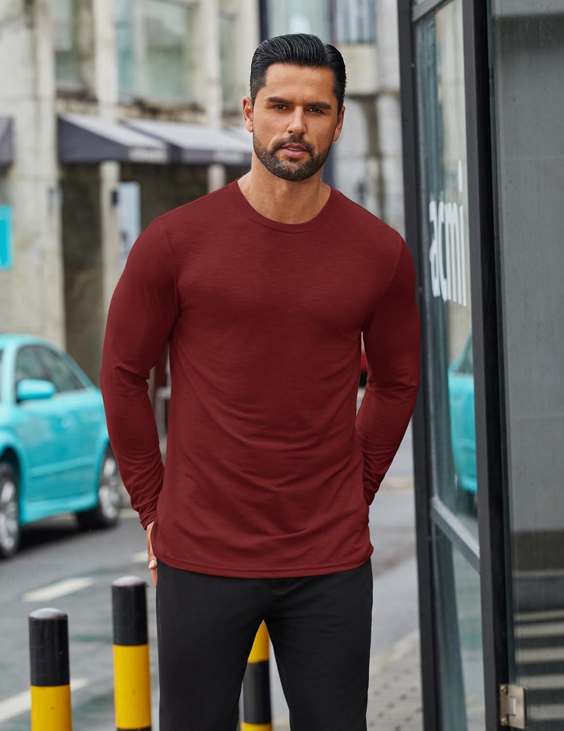 imageCOOFANDY Mens Long Sleeve T Shirts Casual Crew Neck Tee Shirts Lightweight Soft Pullover TopsWine Red
