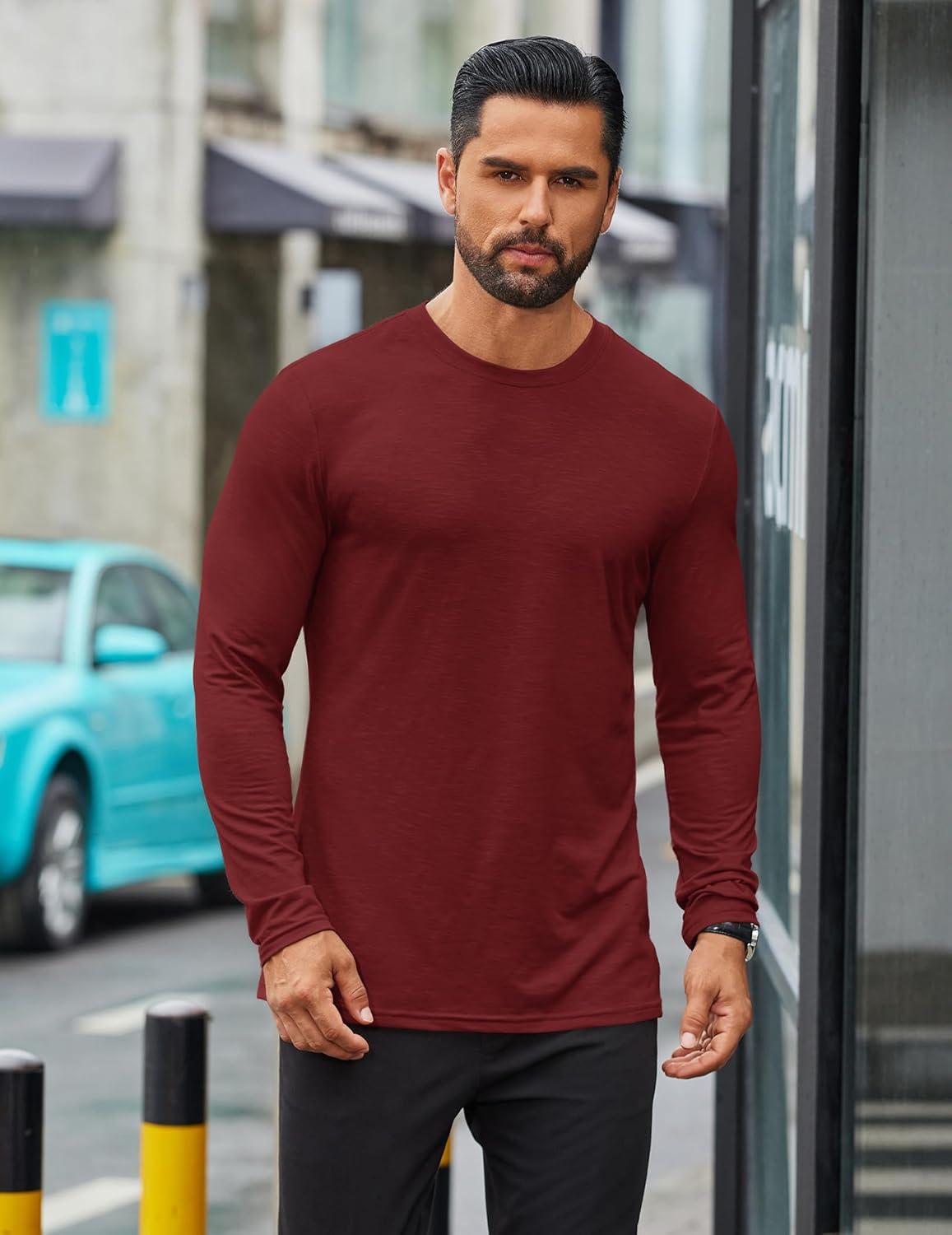 imageCOOFANDY Mens Long Sleeve T Shirts Casual Crew Neck Tee Shirts Lightweight Soft Pullover TopsWine Red