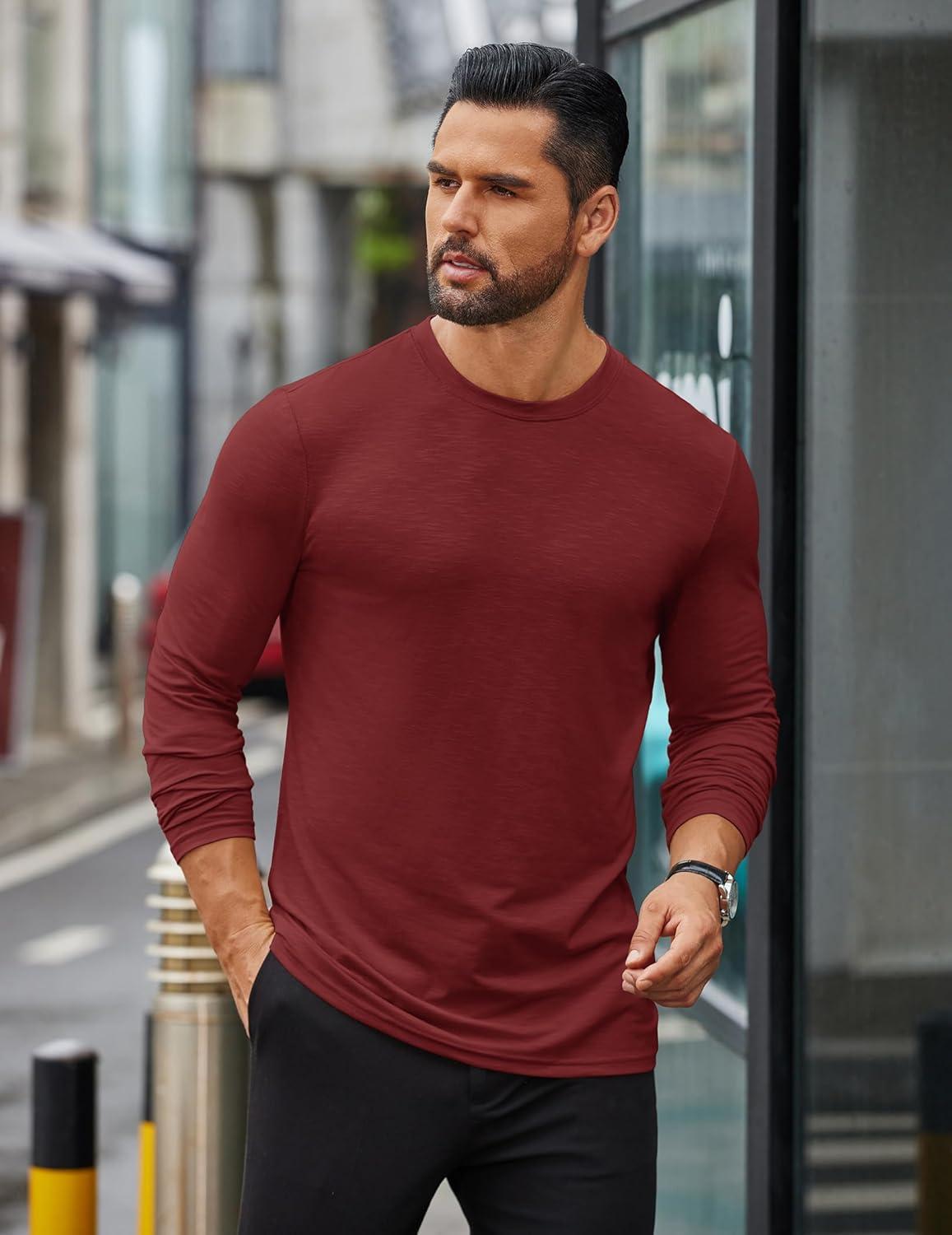imageCOOFANDY Mens Long Sleeve T Shirts Casual Crew Neck Tee Shirts Lightweight Soft Pullover TopsWine Red