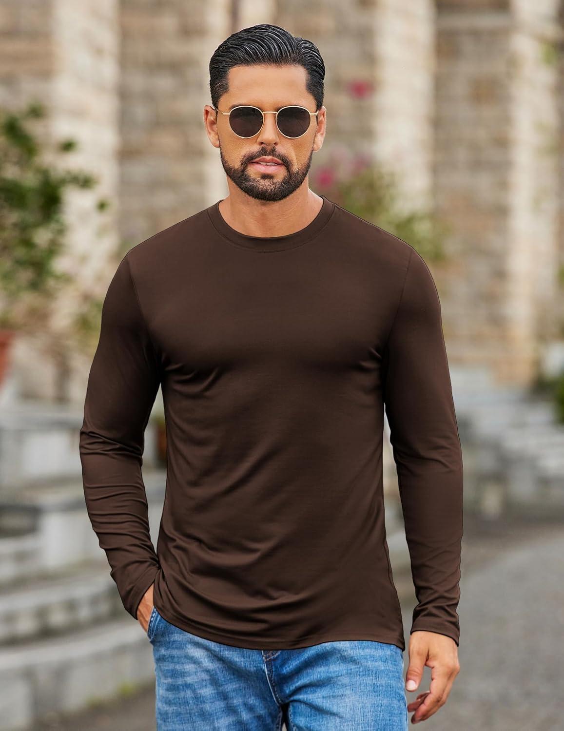 imageCOOFANDY Mens Long Sleeve Tee Shirts Stretch Crew Neck Thermal Shirts Casual T Shirts for MenBrown