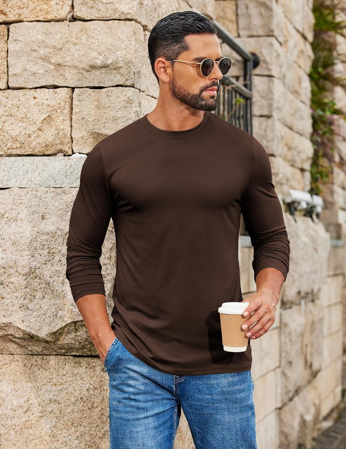 imageCOOFANDY Mens Long Sleeve Tee Shirts Stretch Crew Neck Thermal Shirts Casual T Shirts for MenBrown