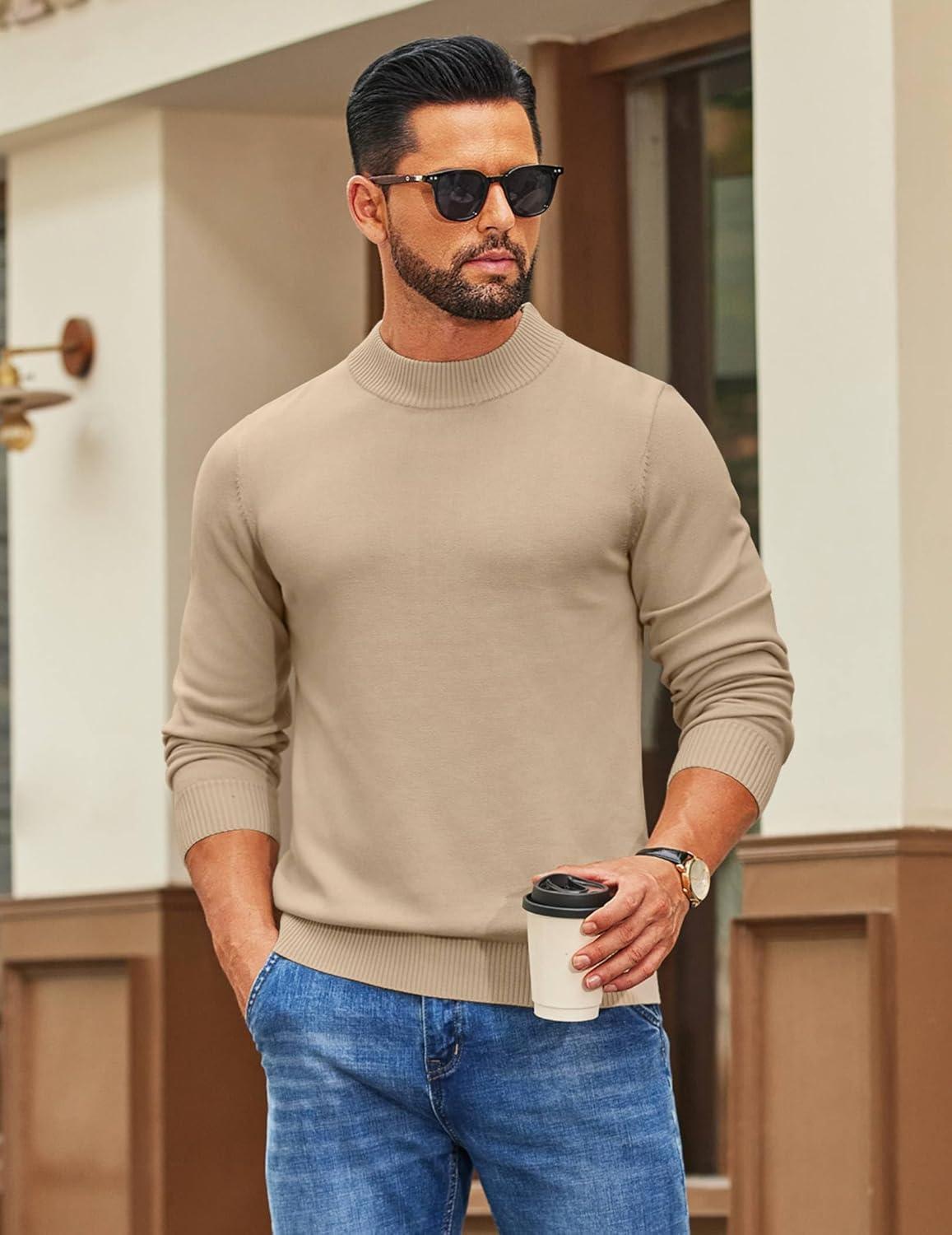 imageCOOFANDY Mens Mock Turtleneck Ribbed Knit Pullover Sweater Casual Lightweight Slim fit Dress SweaterBeige