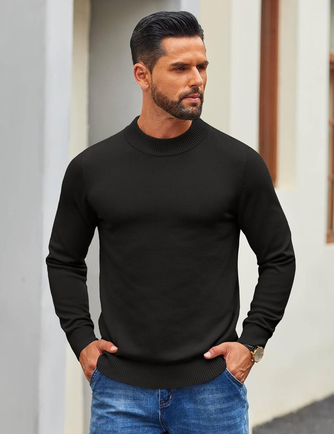 imageCOOFANDY Mens Mock Turtleneck Ribbed Knit Pullover Sweater Casual Lightweight Slim fit Dress SweaterBlack