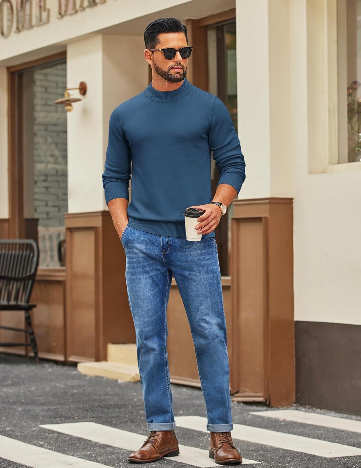 imageCOOFANDY Mens Mock Turtleneck Ribbed Knit Pullover Sweater Casual Lightweight Slim fit Dress SweaterBlue