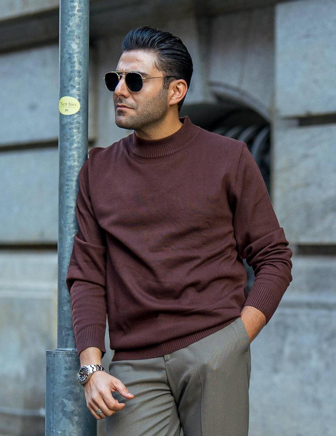 imageCOOFANDY Mens Mock Turtleneck Ribbed Knit Pullover Sweater Casual Lightweight Slim fit Dress SweaterBrown