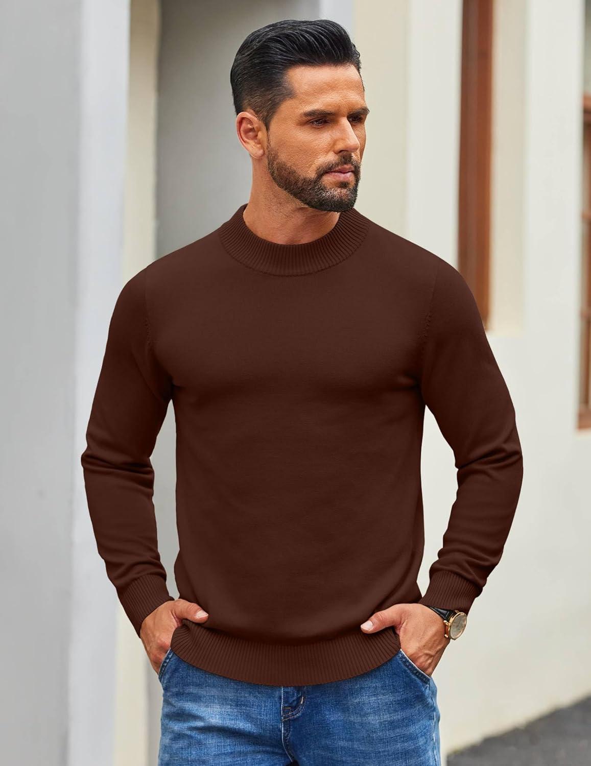 imageCOOFANDY Mens Mock Turtleneck Ribbed Knit Pullover Sweater Casual Lightweight Slim fit Dress SweaterBrown