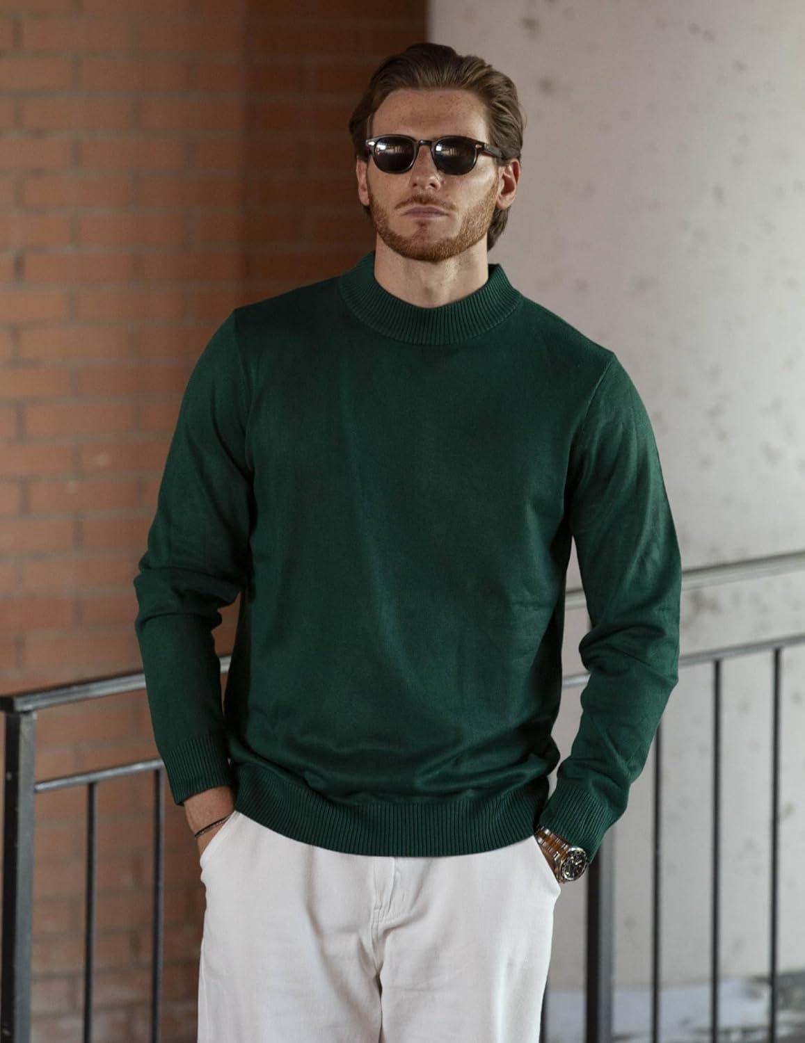 imageCOOFANDY Mens Mock Turtleneck Ribbed Knit Pullover Sweater Casual Lightweight Slim fit Dress SweaterDark Green