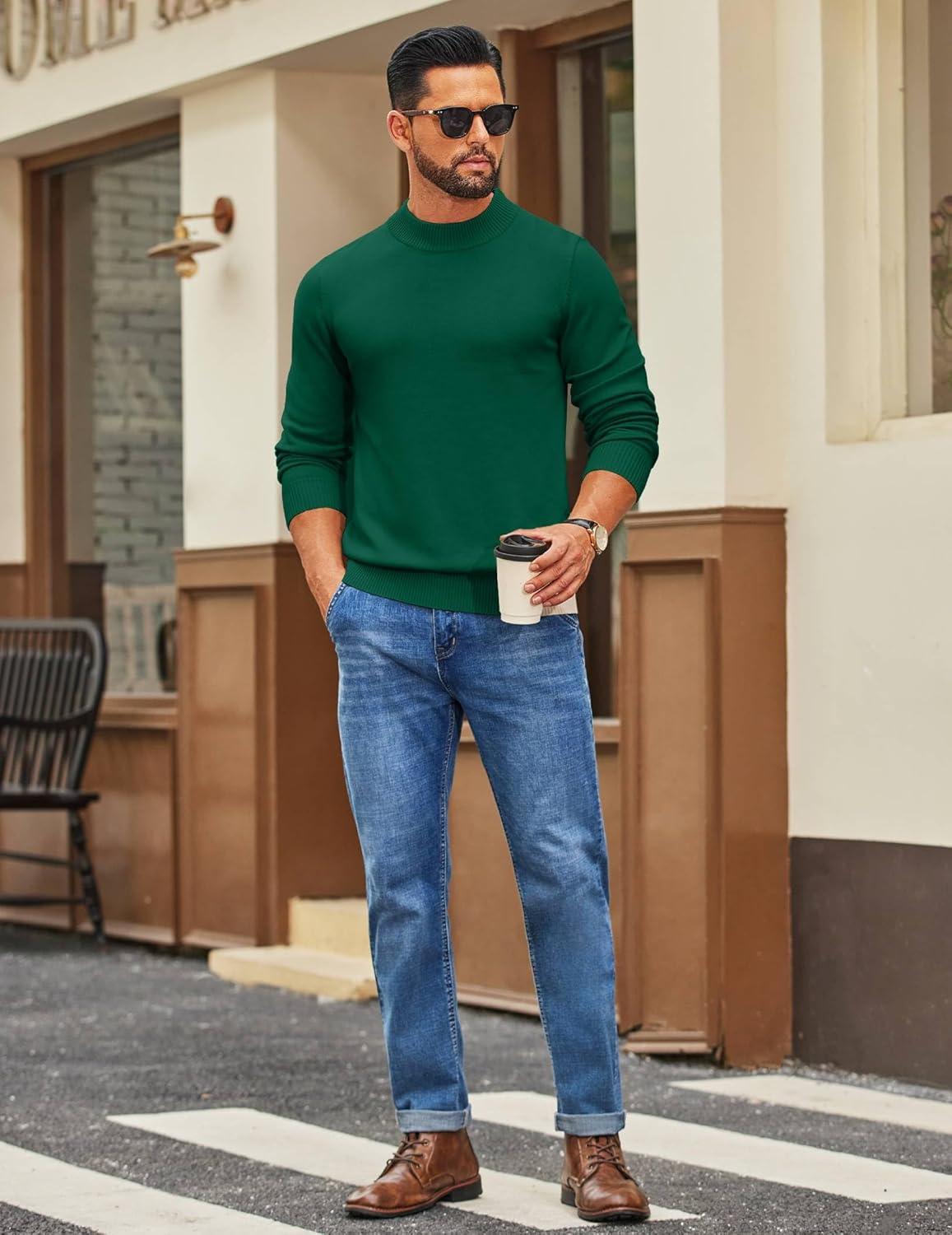 imageCOOFANDY Mens Mock Turtleneck Ribbed Knit Pullover Sweater Casual Lightweight Slim fit Dress SweaterDark Green