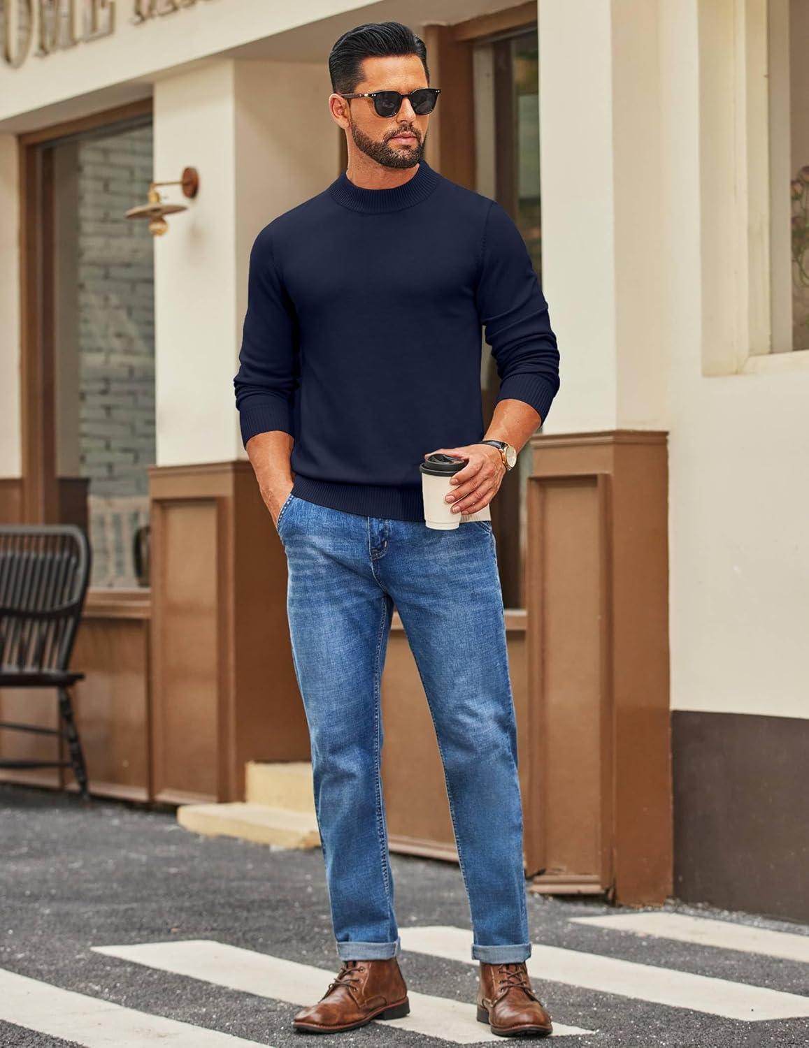 imageCOOFANDY Mens Mock Turtleneck Ribbed Knit Pullover Sweater Casual Lightweight Slim fit Dress SweaterDark Navy Blue