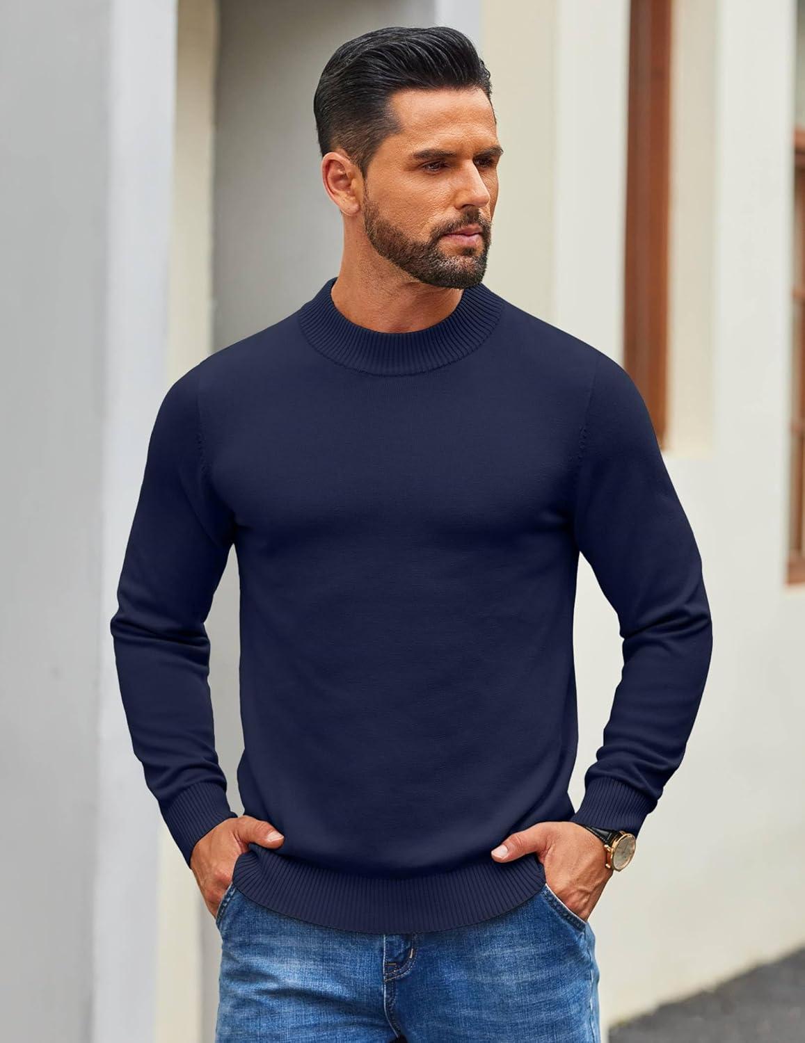 imageCOOFANDY Mens Mock Turtleneck Ribbed Knit Pullover Sweater Casual Lightweight Slim fit Dress SweaterDark Navy Blue