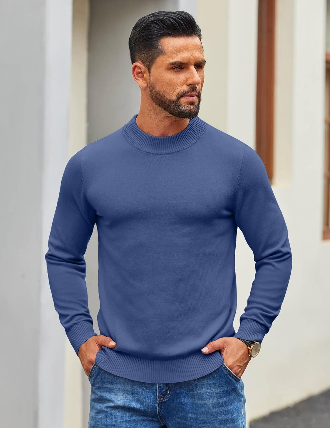 imageCOOFANDY Mens Mock Turtleneck Ribbed Knit Pullover Sweater Casual Lightweight Slim fit Dress SweaterDenim Blue