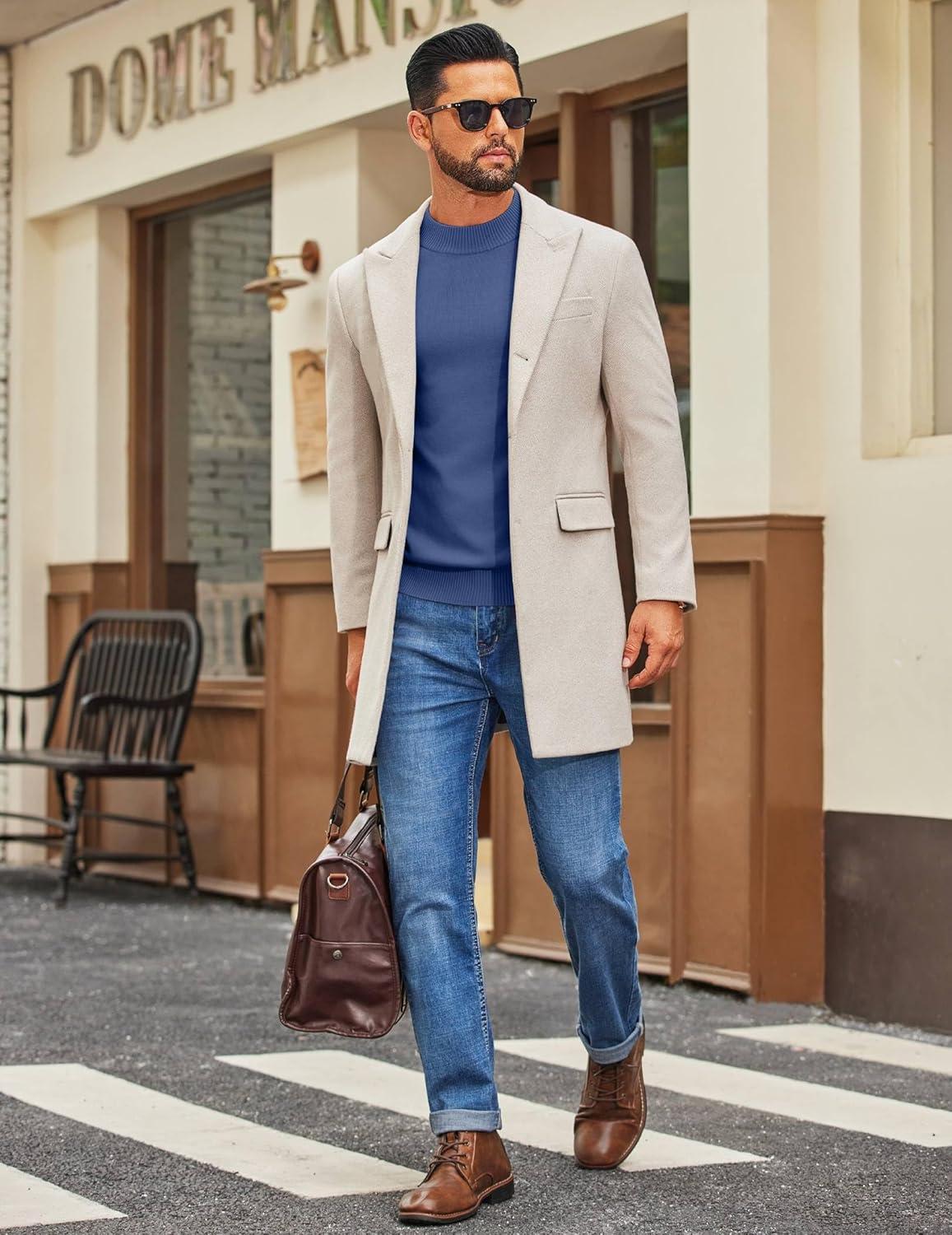 imageCOOFANDY Mens Mock Turtleneck Ribbed Knit Pullover Sweater Casual Lightweight Slim fit Dress SweaterDenim Blue