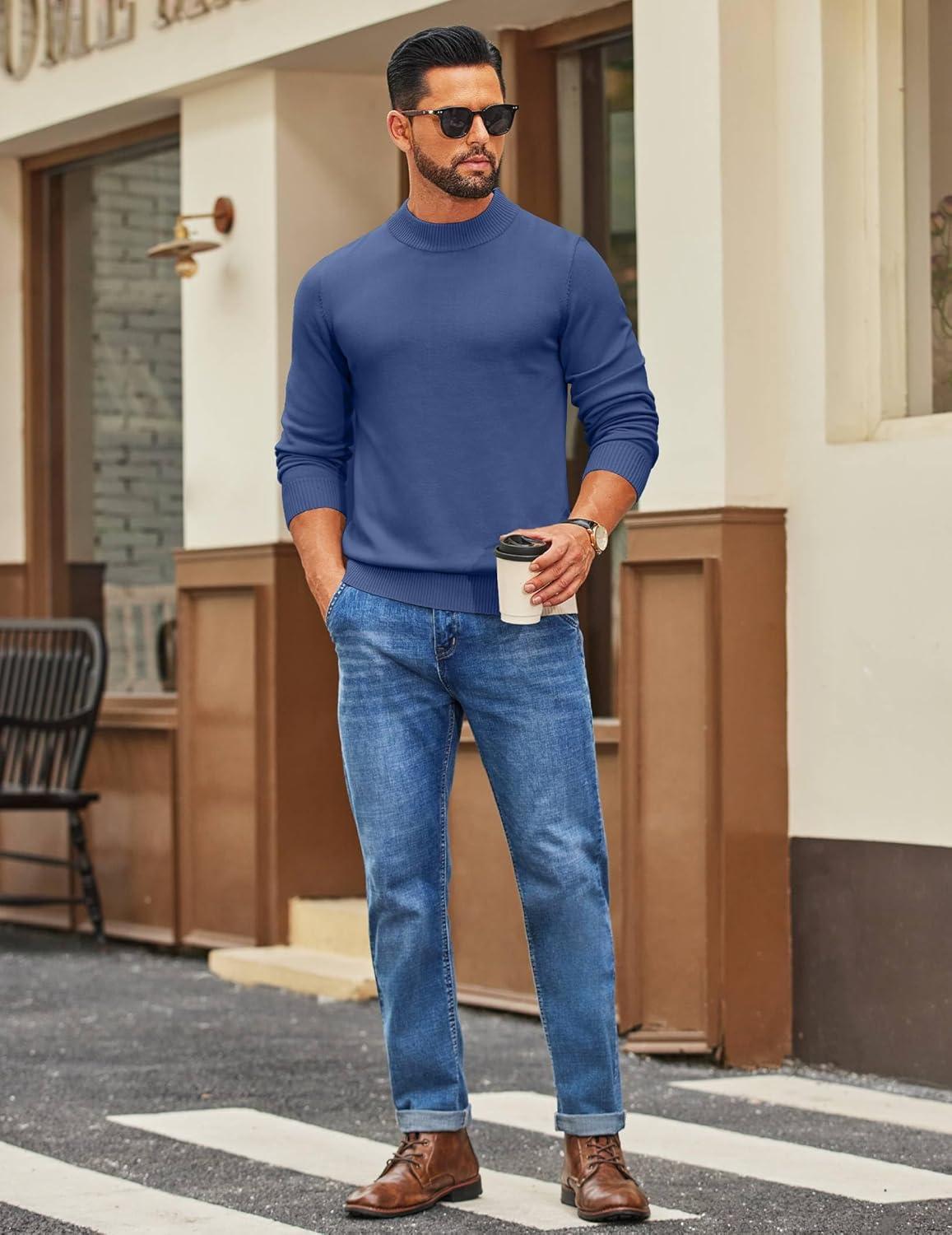 imageCOOFANDY Mens Mock Turtleneck Ribbed Knit Pullover Sweater Casual Lightweight Slim fit Dress SweaterDenim Blue