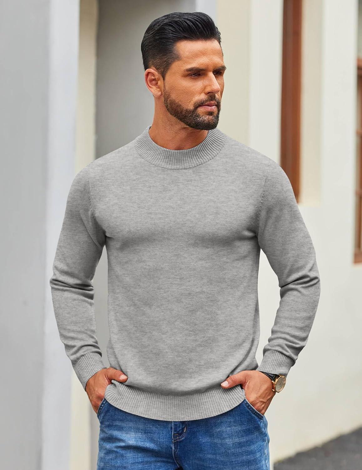 imageCOOFANDY Mens Mock Turtleneck Ribbed Knit Pullover Sweater Casual Lightweight Slim fit Dress SweaterLight Grey