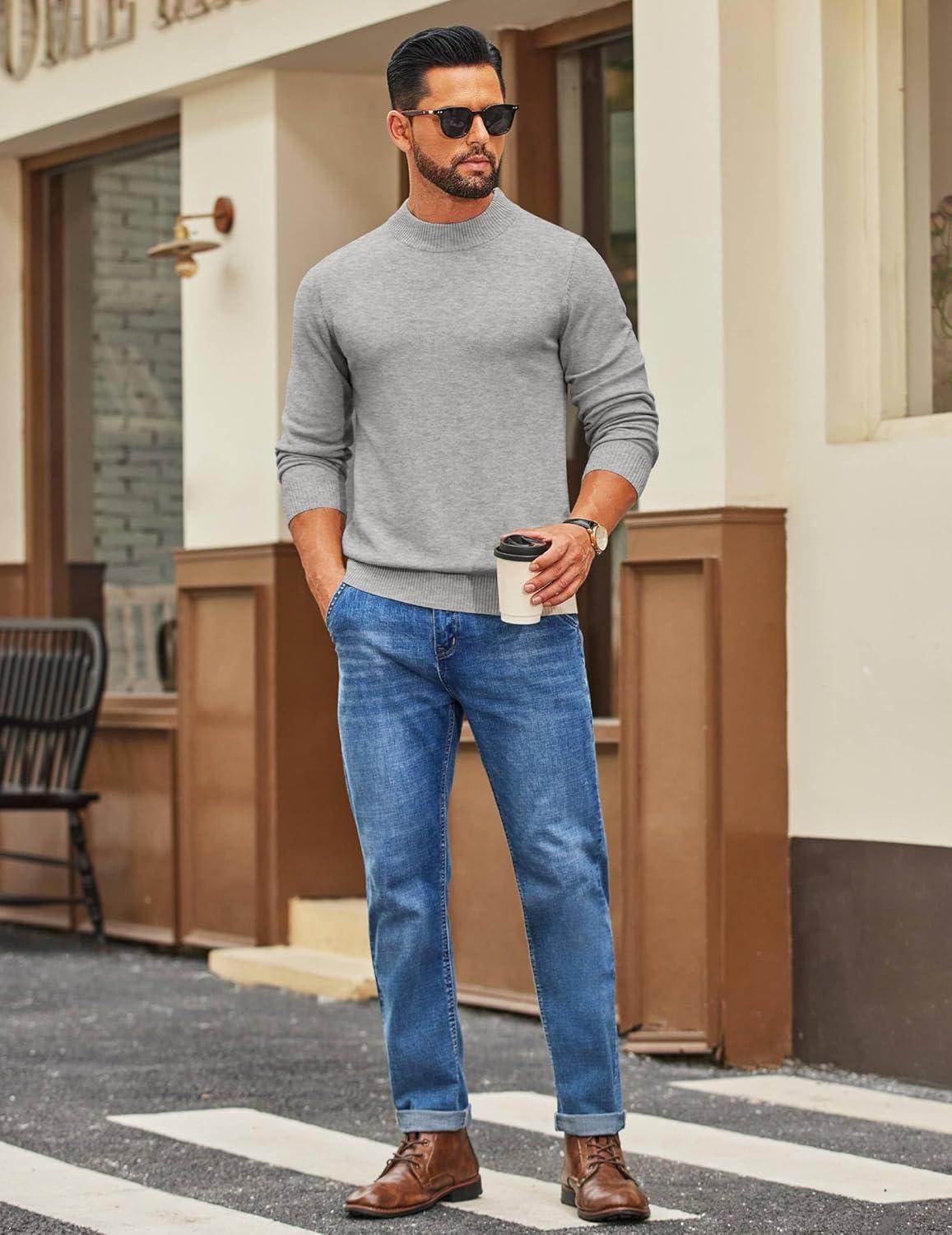 imageCOOFANDY Mens Mock Turtleneck Ribbed Knit Pullover Sweater Casual Lightweight Slim fit Dress SweaterLight Grey