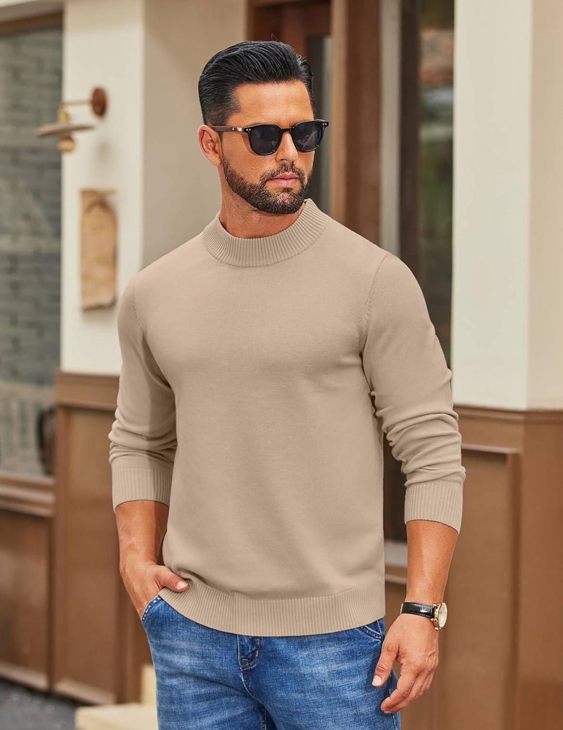 imageCOOFANDY Mens Mock Turtleneck Ribbed Knit Pullover Sweater Casual Lightweight Slim fit Dress SweaterLight Khaki