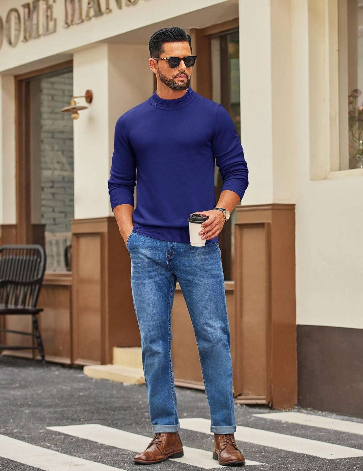 imageCOOFANDY Mens Mock Turtleneck Ribbed Knit Pullover Sweater Casual Lightweight Slim fit Dress SweaterRoyal Blue