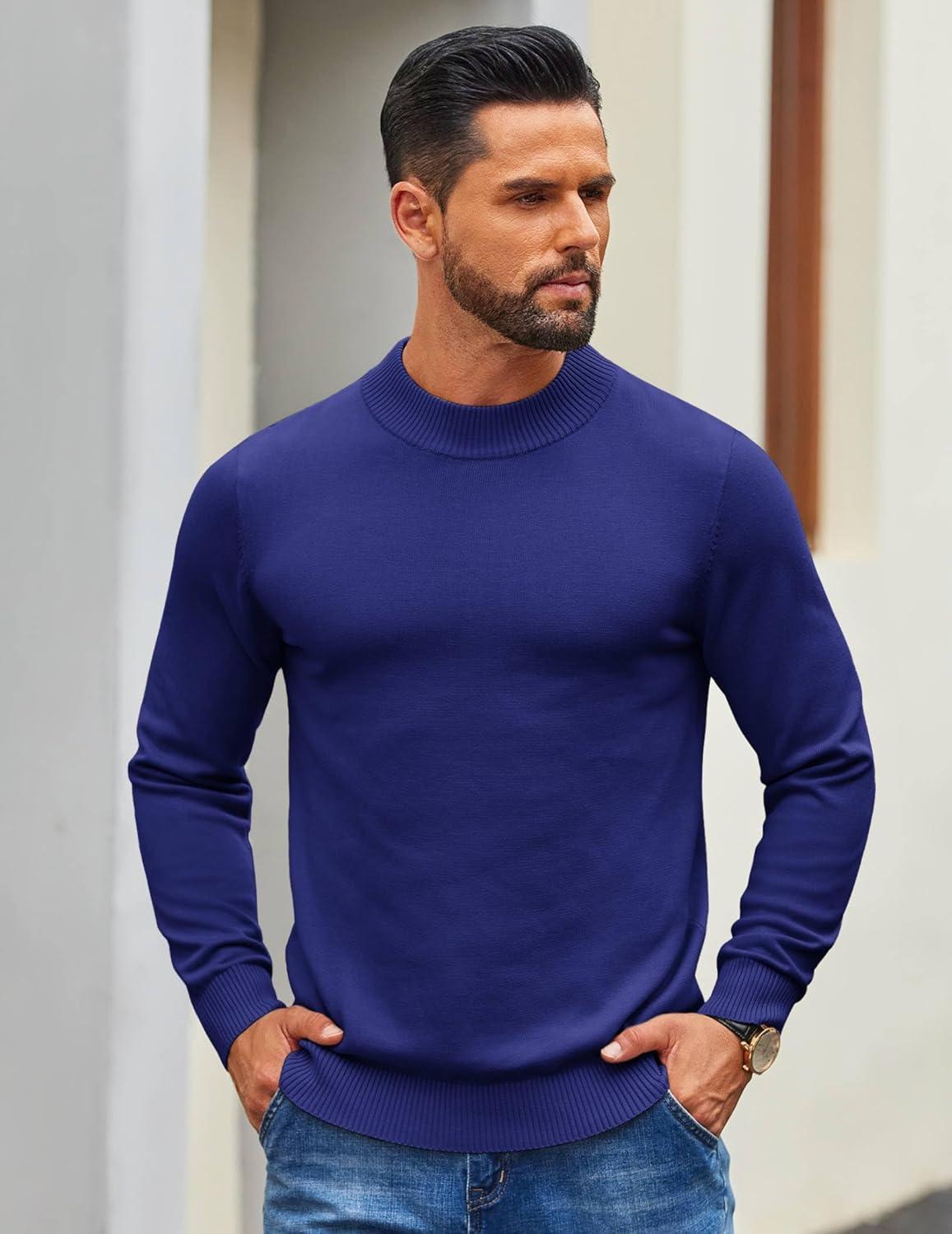imageCOOFANDY Mens Mock Turtleneck Ribbed Knit Pullover Sweater Casual Lightweight Slim fit Dress SweaterRoyal Blue