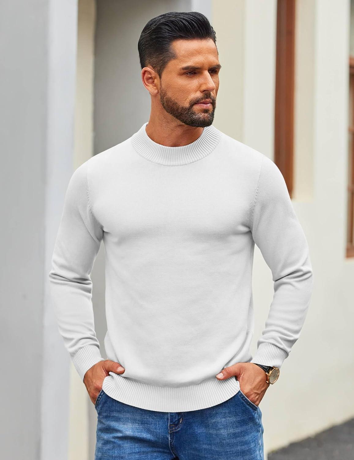 imageCOOFANDY Mens Mock Turtleneck Ribbed Knit Pullover Sweater Casual Lightweight Slim fit Dress SweaterWhite