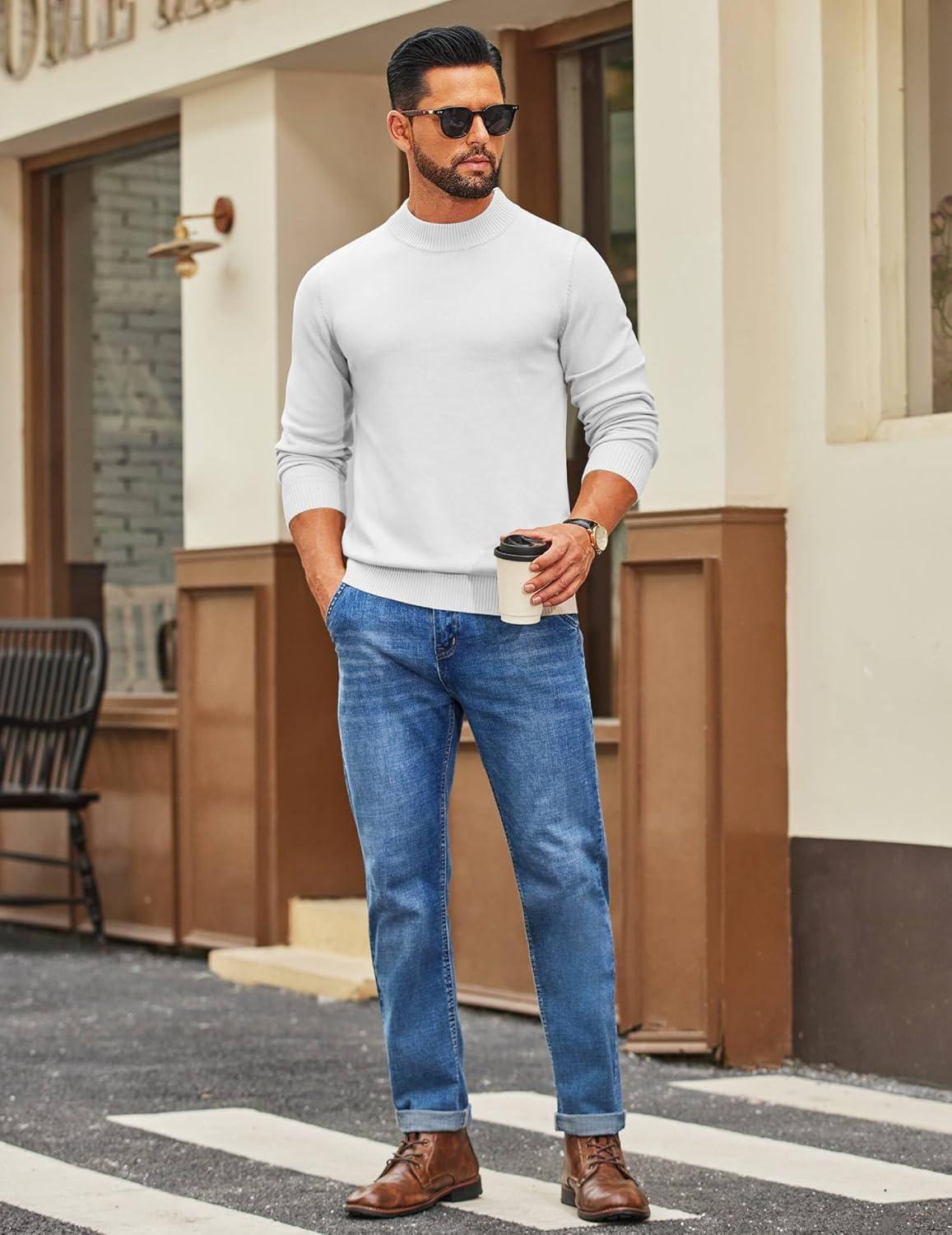 imageCOOFANDY Mens Mock Turtleneck Ribbed Knit Pullover Sweater Casual Lightweight Slim fit Dress SweaterWhite