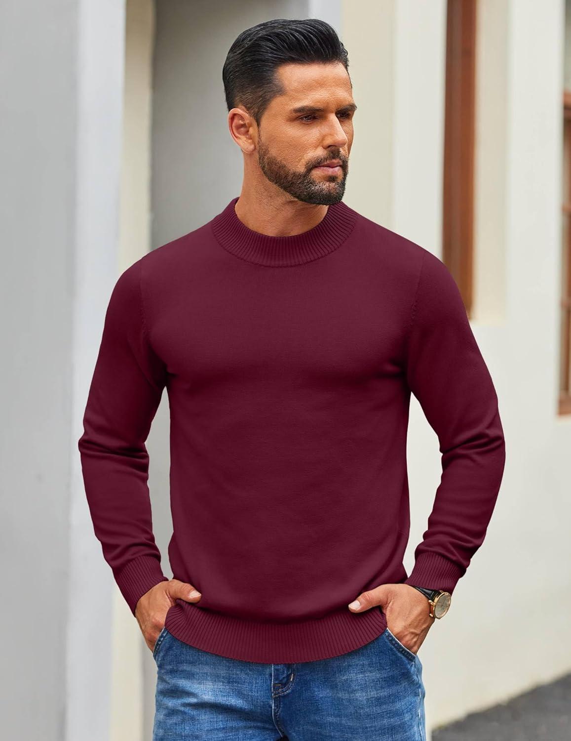 imageCOOFANDY Mens Mock Turtleneck Ribbed Knit Pullover Sweater Casual Lightweight Slim fit Dress SweaterWine Red