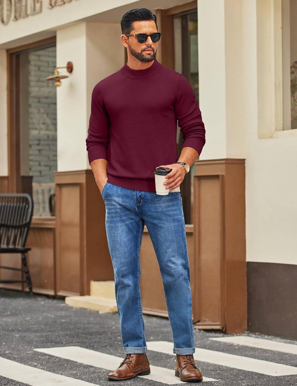 imageCOOFANDY Mens Mock Turtleneck Ribbed Knit Pullover Sweater Casual Lightweight Slim fit Dress SweaterWine Red