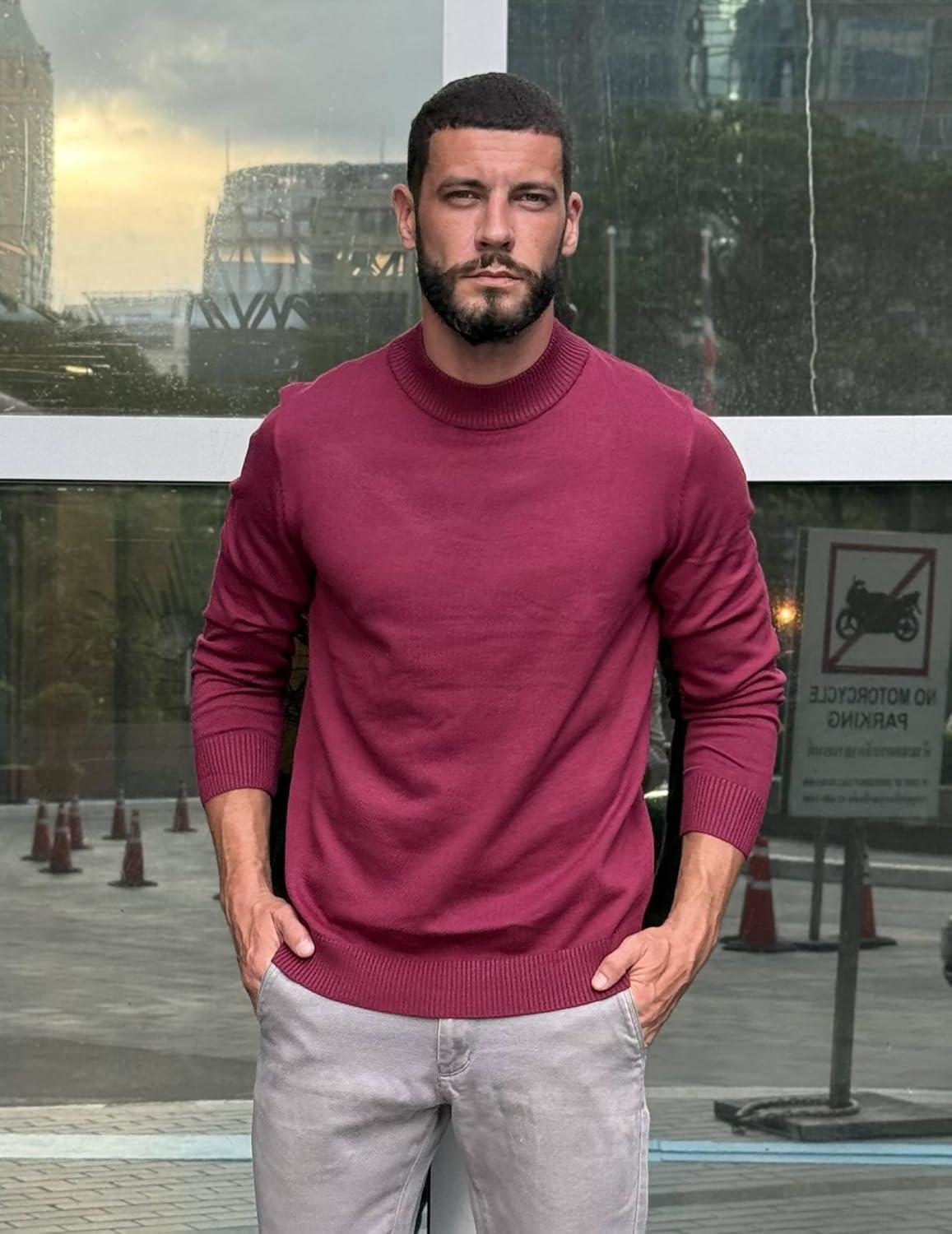 imageCOOFANDY Mens Mock Turtleneck Ribbed Knit Pullover Sweater Casual Lightweight Slim fit Dress SweaterWine Red