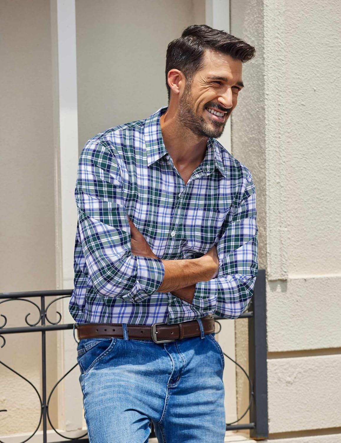 imageCOOFANDY Mens Plaid Button Down Shirt Cotton Long Sleeves Dress Shirt Wrinkle Free Casual Gingham ShirtBlack Blue Plaid